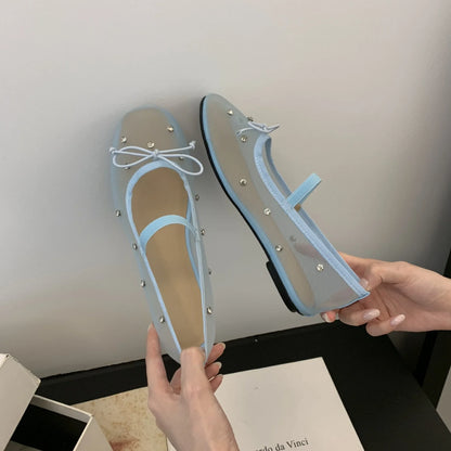 Water diamond mesh breathable shallow mouth single shoe for women's summer outdoor wear 2025 new flat bottomed bow ballet shoes