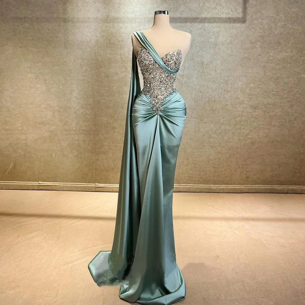 Luxurious Crystal Sparkling Mermaid Evening Gown With Satin Pleated Vest Dress Sexy Off Shoulder Party Dance Dress Customization