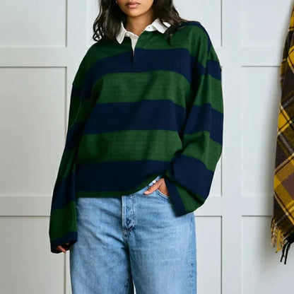 Women Y2K Vintage Retro Sweatshirts Long Sleeve Lapel Button V-Neck Pullover Top Loose Striped Rugby Pol0 Tee Shirts