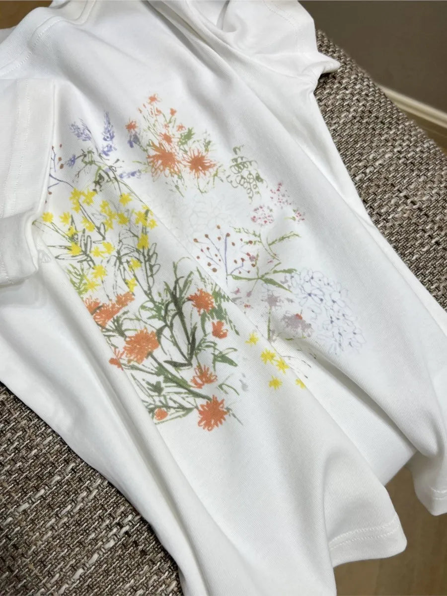 Plant Flowers Print Slim Short Sleeve Summer New Korean Fashion O Neck T-shirts For Women Casual Simple Chic Tops Tee Shirt