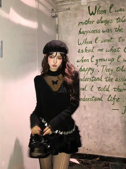 Y2K Cropped Black Sweater Women Harajuku Embroidery White Knitted Pullovers Gyaru Grunge Mesh Lace Knitwears Winter Chic Jumpers