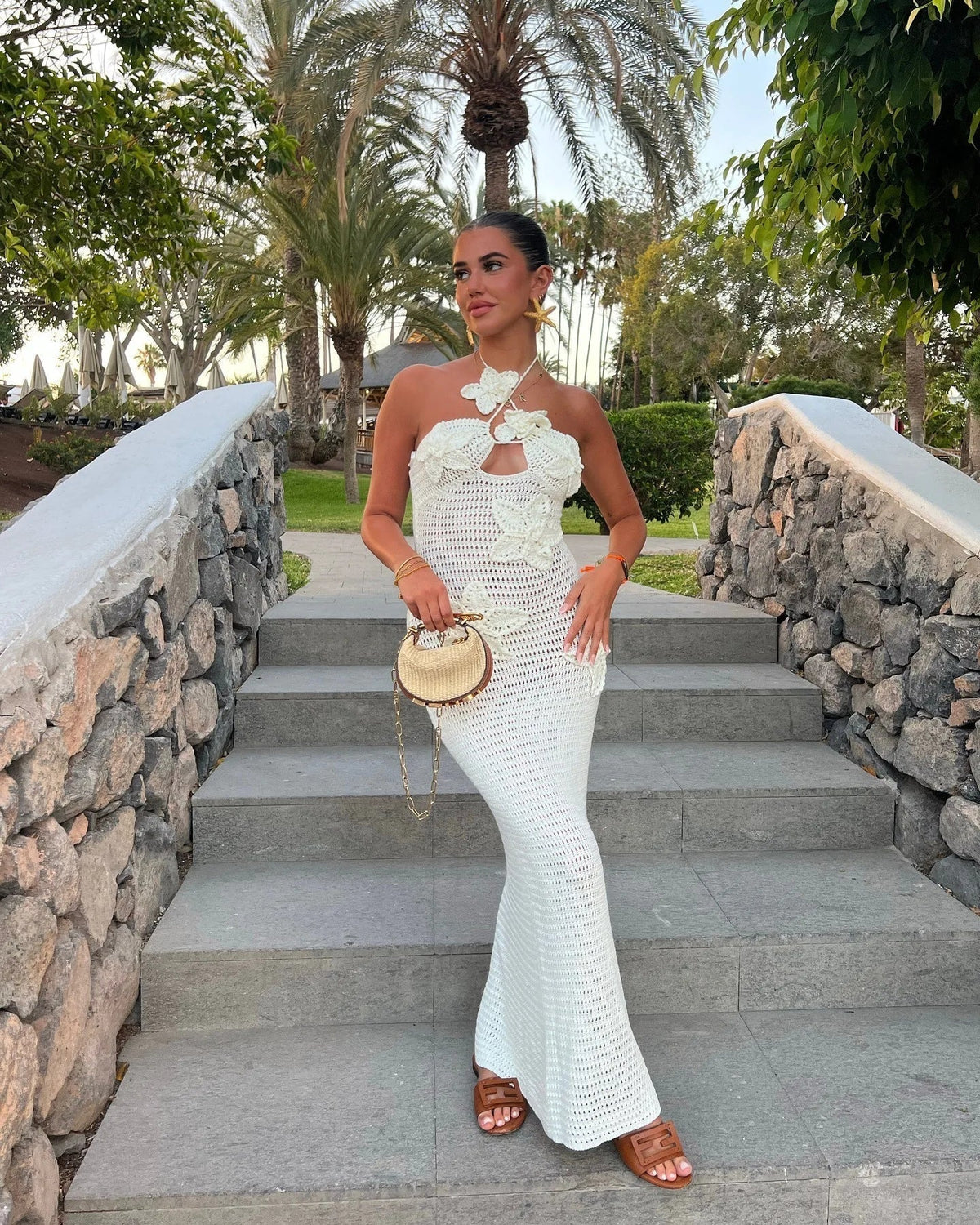 Crochet Halter Keyhole 3D Floral Applique Bodycon Maxi Dress