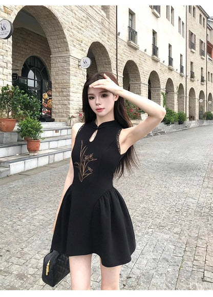 Chinese Style Printed Dress for Women's Summer Slim Fit Sleeveless Lace A-line Short Dress Fashion Female Clothes