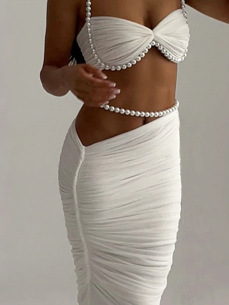 Fashion Elegant 2Piece Set Woman Pearl Decoration Halter Crop Tops+Mesh Patchwork Low-Waist Long Skirt Sexy Style Outfits