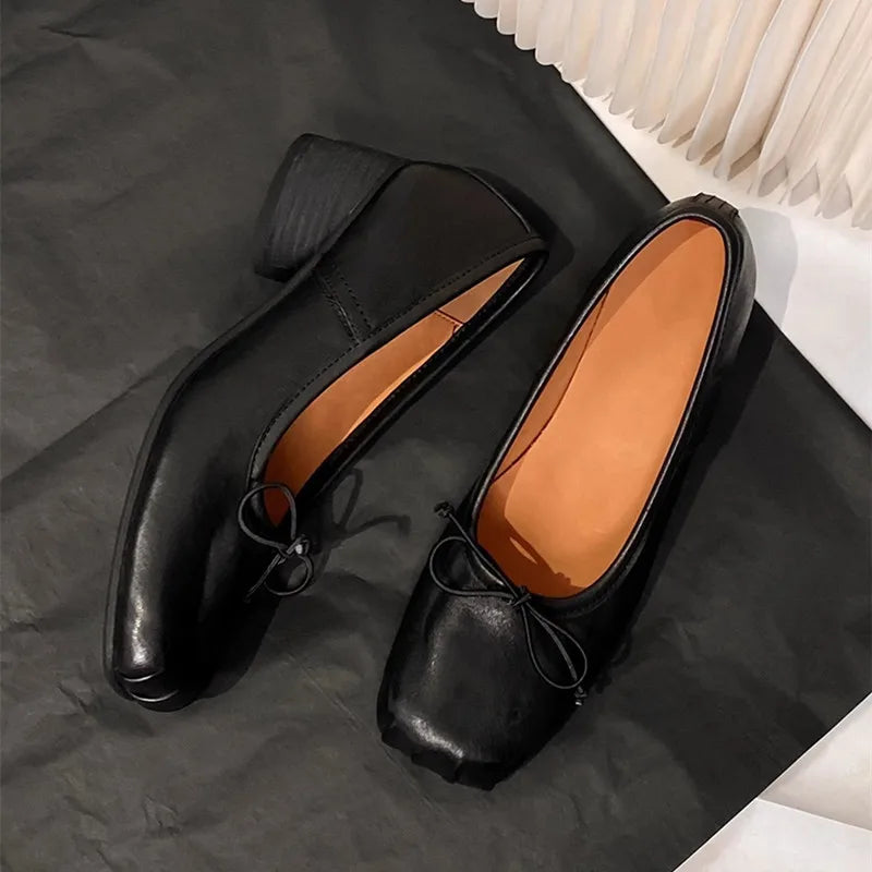 Fashion Square toe Bowknot Soft Leather Women Pumps Spring Summer Ballet Style Thick High heels Casual Chunky Loafer Shoes
