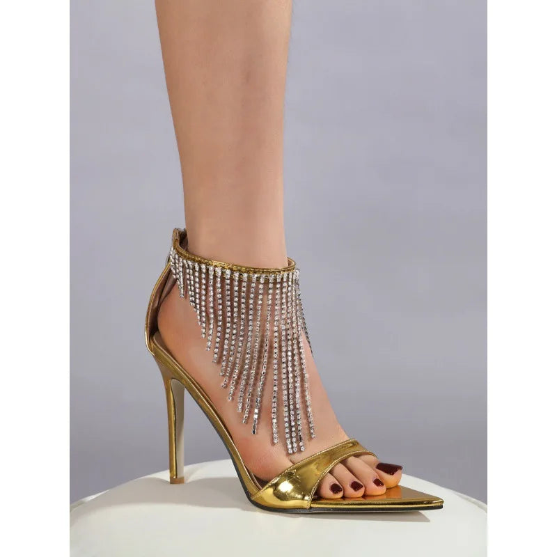 Buckle Strap Large Size 2024 Sandals Black Shoes for Women High Heels Open Toe Big New Party Beige High-heeled Rhinestone Peep C