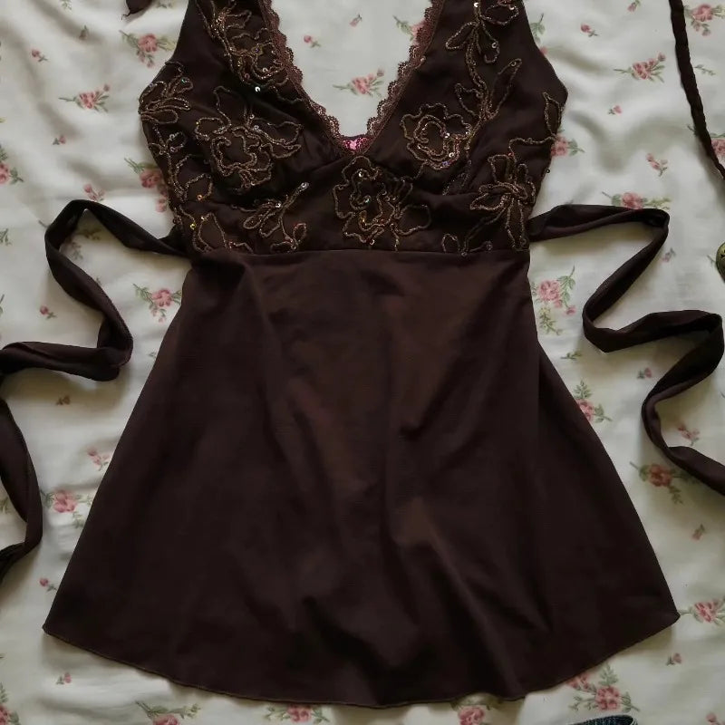 Gothic Sexy Hottie Slim Fit Womens Clothing Y2K Clothes Harajuku Graphic Embroidery Mini Suspender Brown V Neck Halter Skirts