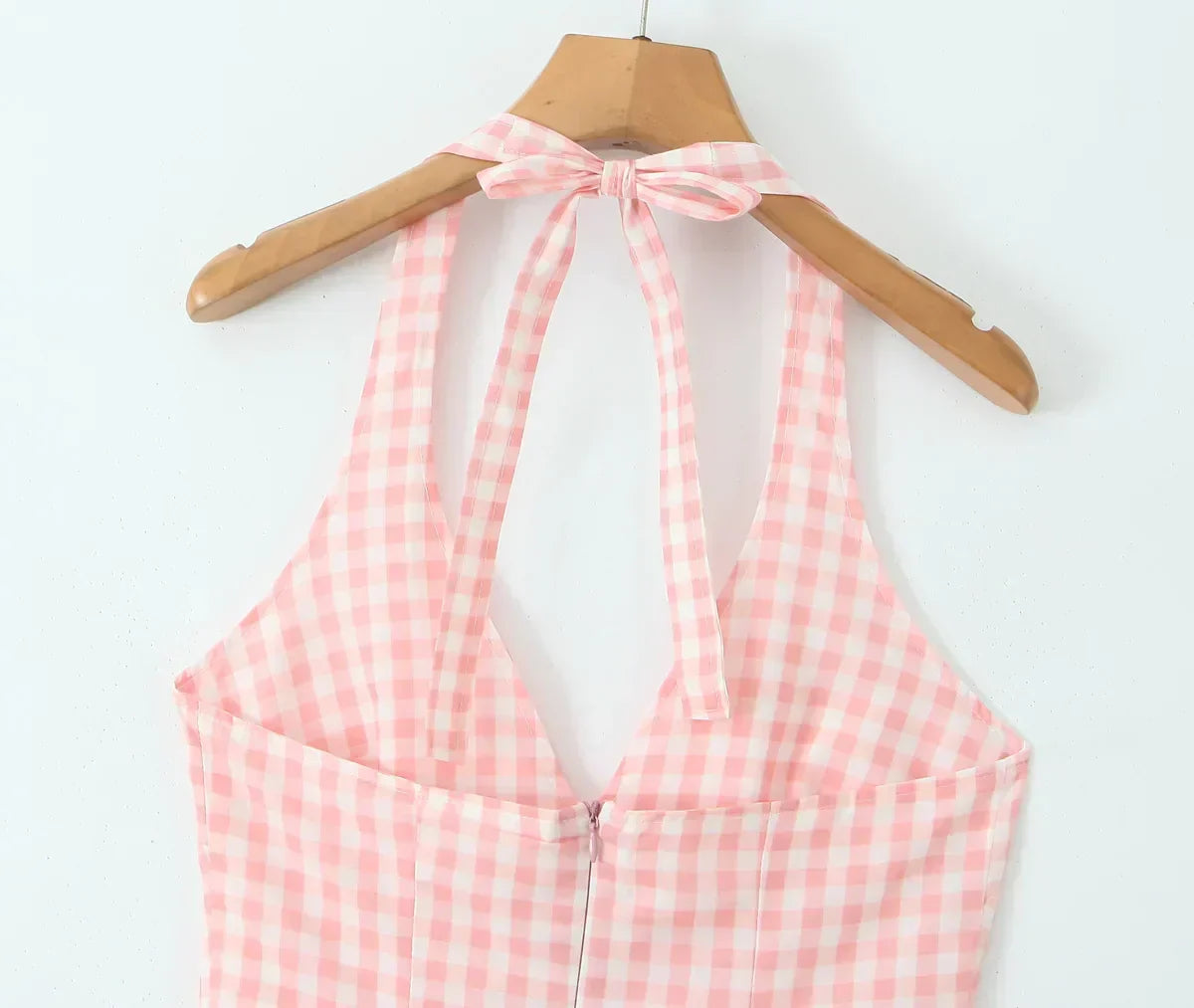 Gingham Print Halter V Neck Pleated Flare Midi Dress