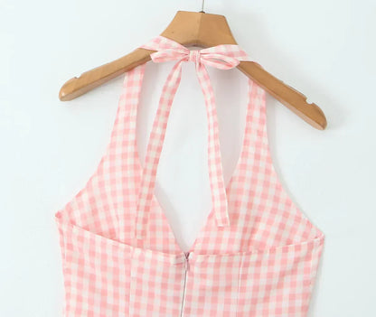 Gingham Print Halter V Neck Pleated Flare Midi Dress