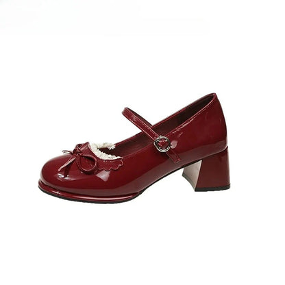 Spring Butterfly-knot Women Mary Jane Shoes Ladies Shallow Buckle Strap Shoes Eelgant Thick Heel Dress Leather Shoes