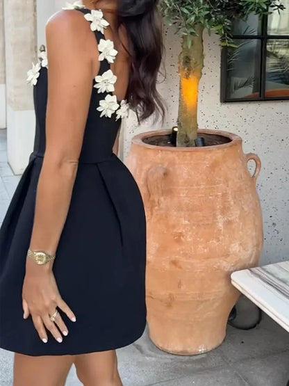 Elegant 3d Flower Women's Mini Dress Summer Sexy Backless Square Collar Sleeveless A-line Dress 2024 Lady Club Evening Robe