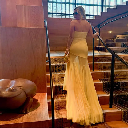 Sexy Strapless Spliced Long Fishtail Dress Women Sleeveless Backless See Through Party Dresses 2025 Summer Lady Elegant Robes