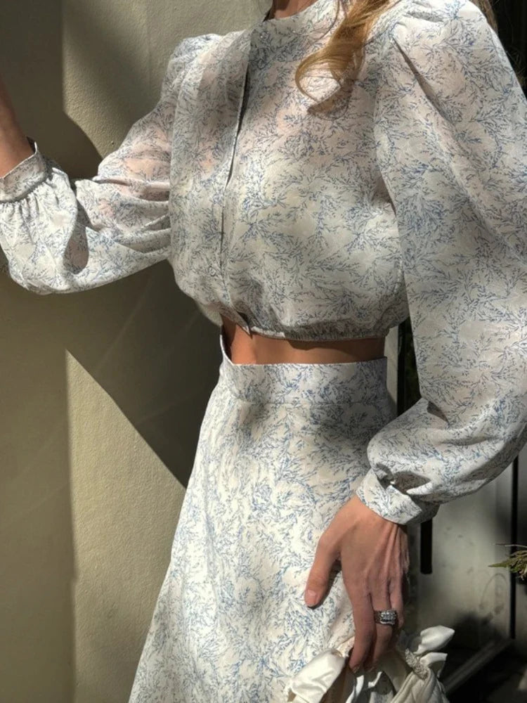 Commute Printed Female 2 Piece-Set Long Skirt Patchwork High Waist Short Top And Slim Maxi Skirt Sets New Women's Outfits