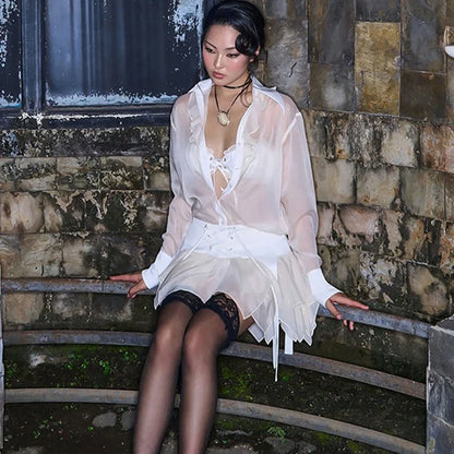 Sexy See-Through Hollow Cardigan Top High Waisted Lace Up Skirt Suit Women's Y2K Hot Girl Outfits Club Party Fashion Suit