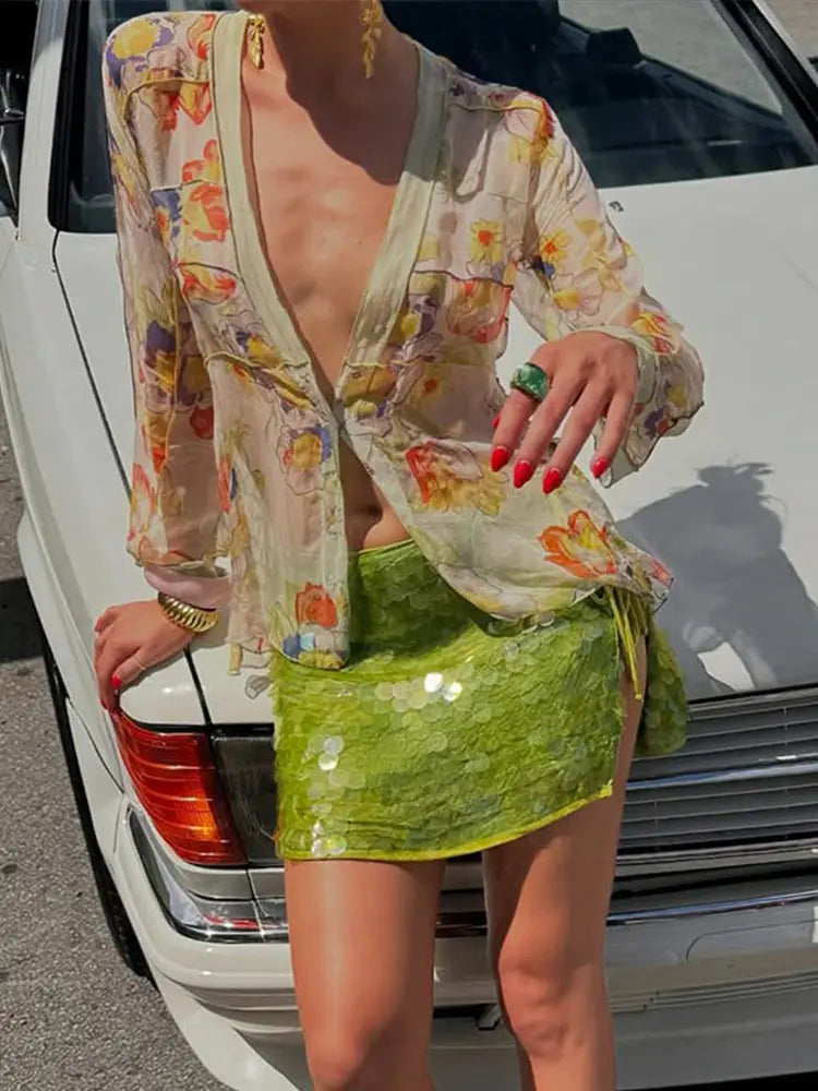 Vintage Sequin Lace Up Mini Skirt Women Sexy Solid Glitter Slit Low Waist A-lined Skirts Female 2025 Chic Versatile Streetwaer