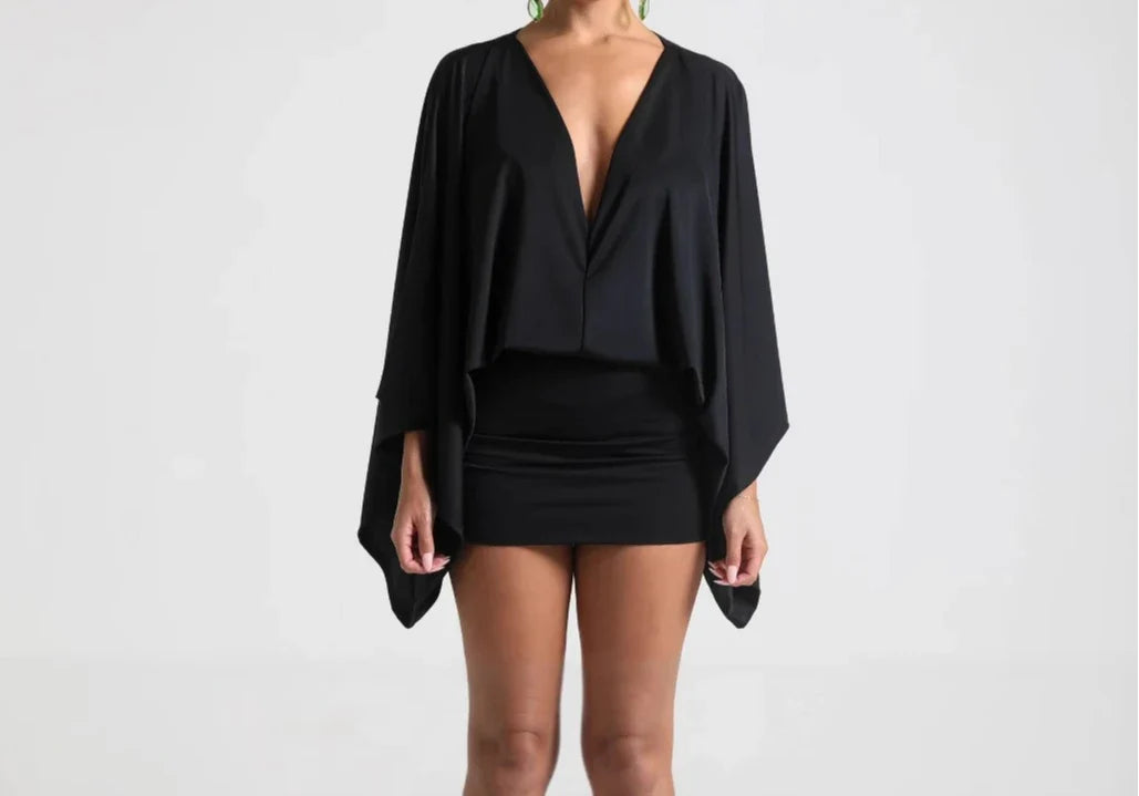 Women's Summer New Women's Clothing Solid Color V-neck Splicing Casual Super Short Versatile Dress