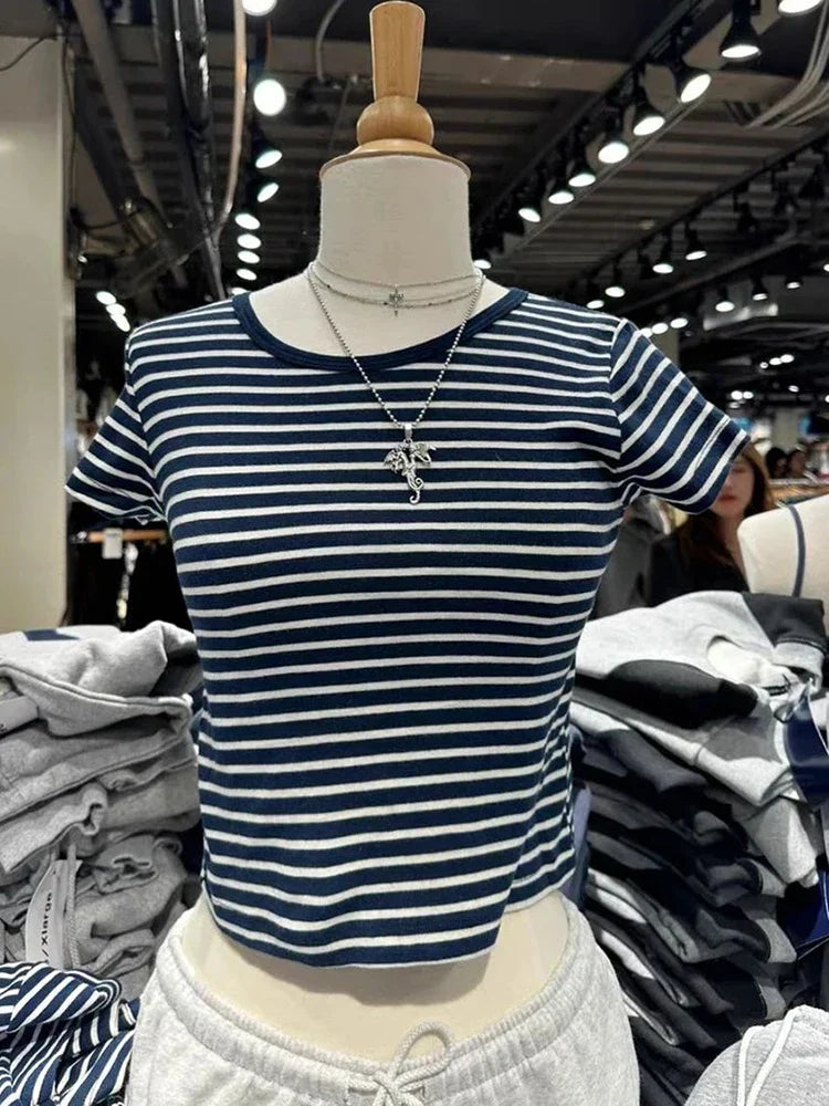 Vintage Striped Slim T-Shirt Women Round Neck Short Sleeve Cotton Tshirt Tops Femme Casual Streetwear Y2k Crop Top Summer Tees