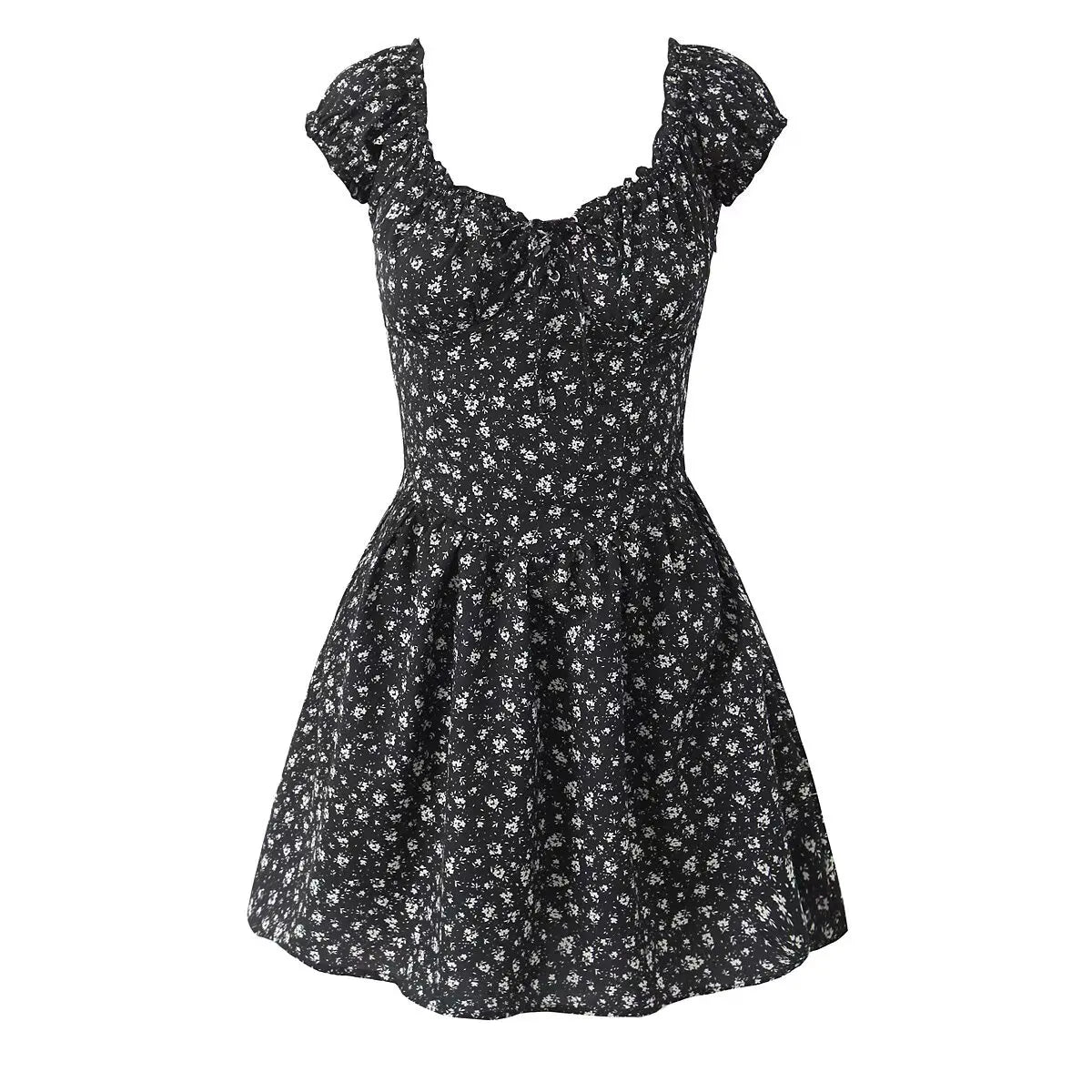 Holiday Summer Dresses 2025 Women French Style Floral Print Dress Vintage Short Sleeve V Neck A-line Mini Robe Sundress