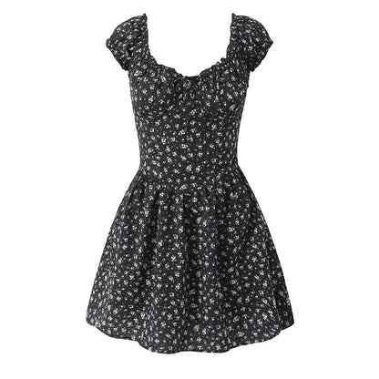 Holiday Summer Dresses 2025 Women French Style Floral Print Dress Vintage Short Sleeve V Neck A-line Mini Robe Sundress