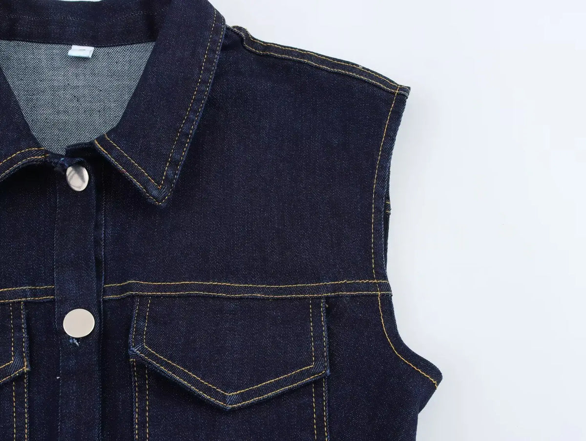 Turn Down Collar Sleeveless Denim Dress Single Breasted Short Dress For Women 2025 New Tight Navy Blue Summer Dresses Vestidos