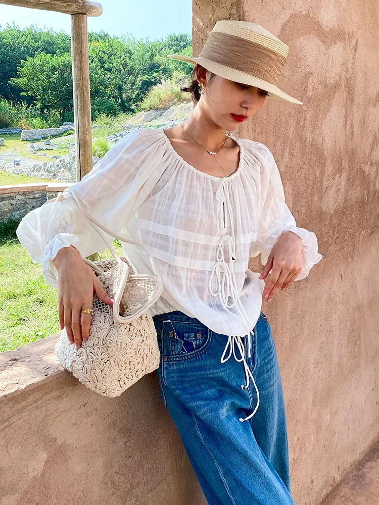 Elegant Chic Loose Shirt Blouse Spring Summer 100% Cotton Long Sleeve Sheer Tiered Vintage Women Ladies Blouse Tops