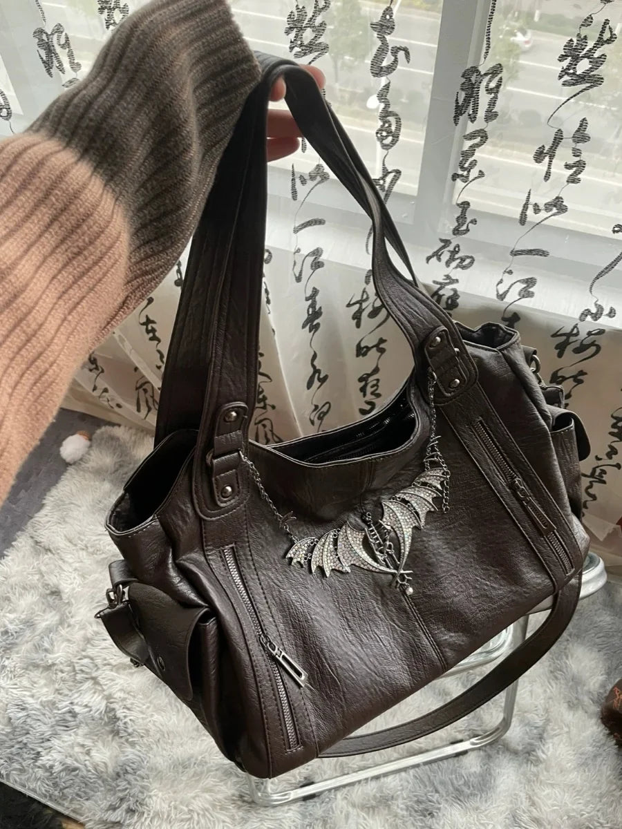 Black Gothic Handbag Y2K Punk Bags Leather Versatile Daily Crossbody Bag Message Tote Bags