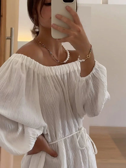 White Textured Mini Dresses Women New Scoop Neck Long Sleeve Lace-up A-line Vestidos Summer Beach Holiday Casual Cover-up