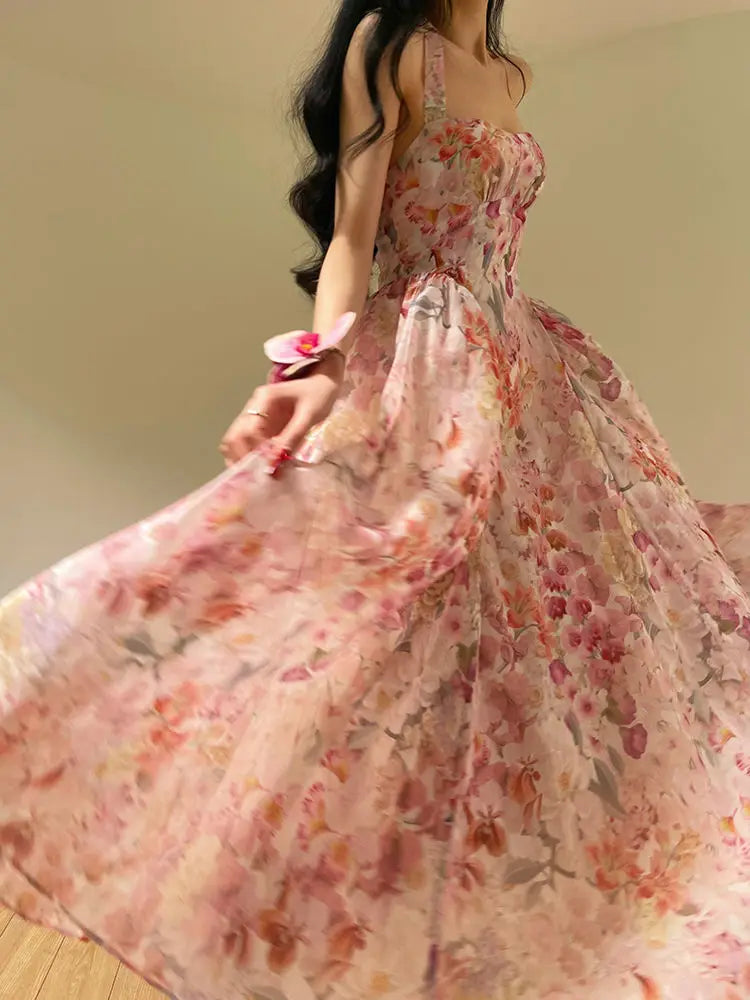 Suspender Dress Floral French Exquisite Print Summer Vacation Seaside Swing Long Women'S Long Dress