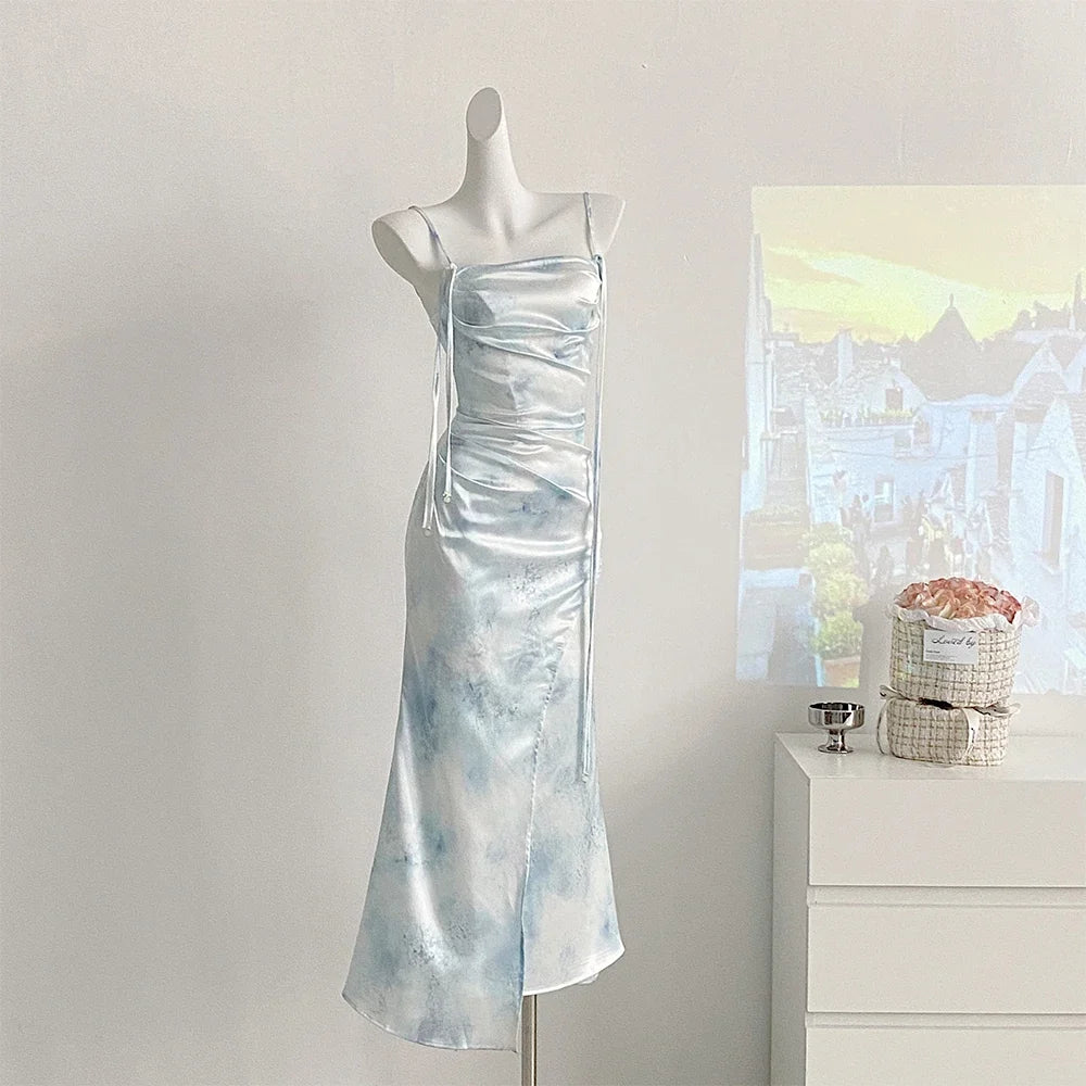 New Chinese Blue Satin Printed Fishtail Vinage Dress for Women Summer Elegance High end Slimming Wrap Hip Long Suspender Dress