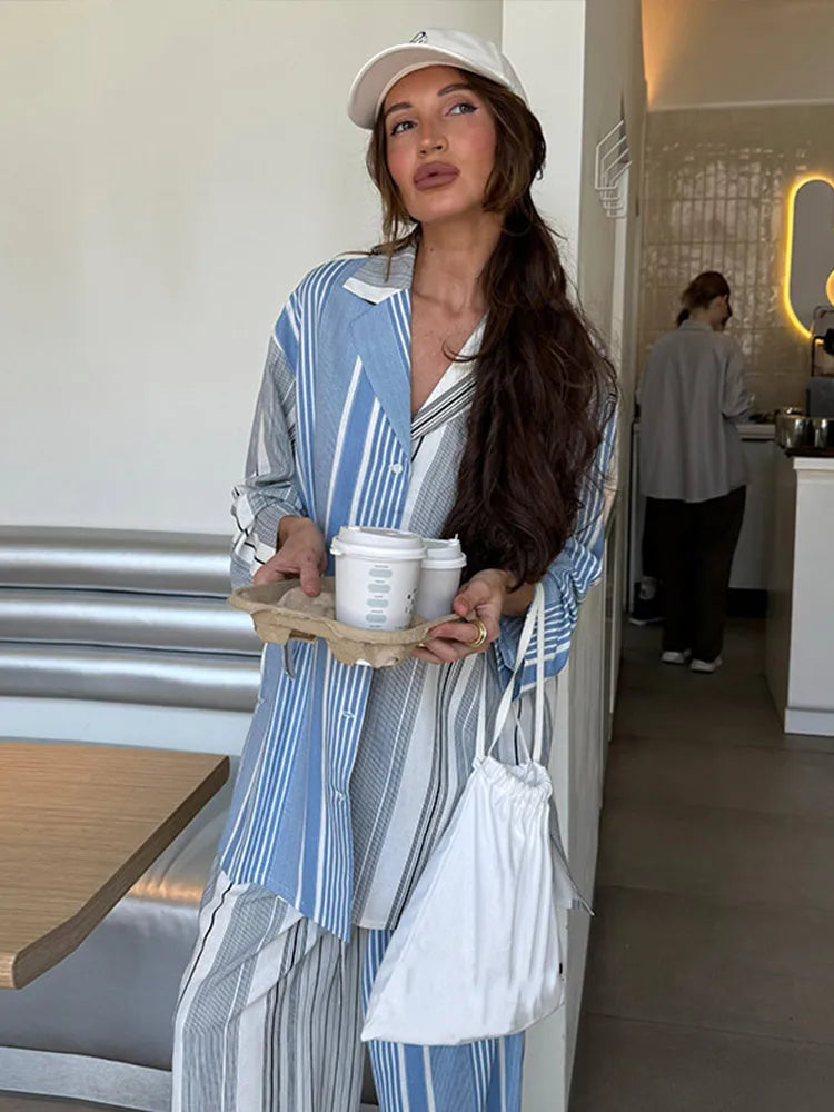 Stripe Loose Women Top Set Wide Leg High Waist Lady Pants Sets 2025 Fashion Contrasted Long Sleeve Turn-Down Collar Female Suit