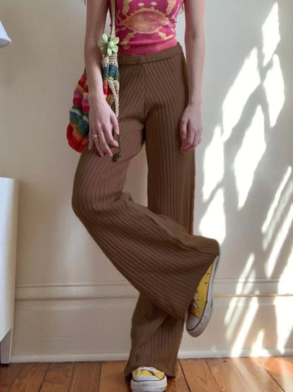 Casual Solid Knitted Pants Basic Loose Mid-Waisted Wide Leg Pants Women Autumn Winter Fashion Streetwear Ladies