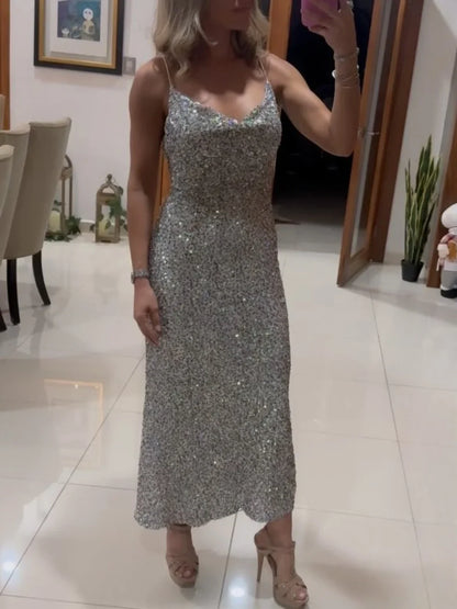 Women's Sexy Shiny Sequined Maxi Dress New Summer High-end Backless Dress Dinner Holiday Beach Party Dress