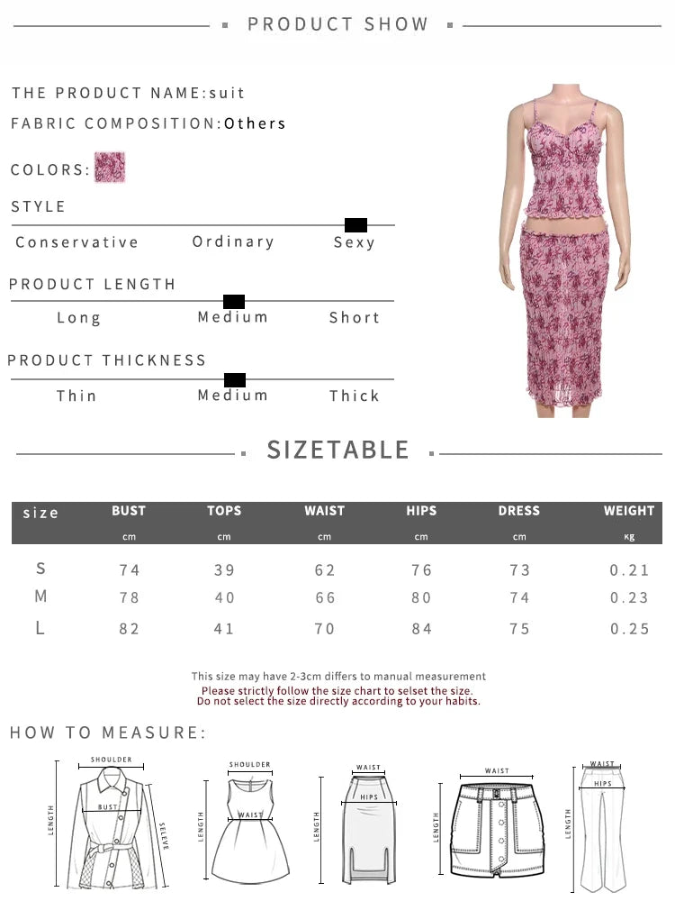 See Through Print Folds 2-Piece Set Women Backless Sleeveless Suspenders+Elasticated Waist Skirts Holiday Matching Suit
