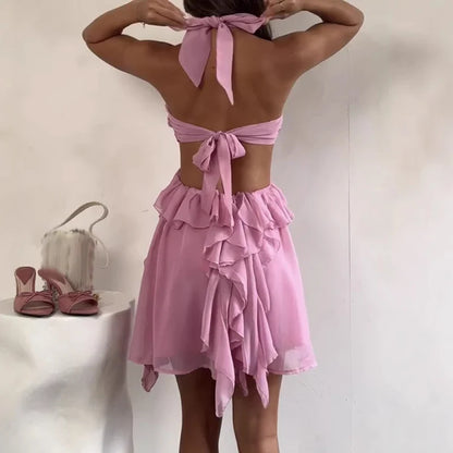 Girls Cute Edge Ruffles Loose Halter Dress 2025 Women Solid Color Waist Hollow Mini Dress Vestidos Tie-up Backless Beach Dress