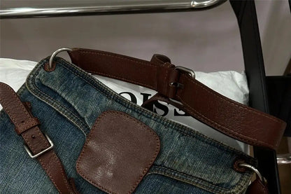Fashionable and Versatile Contrasting Denim Vintage Design Single Shoulder Crossbody Bag for Women Jeans Bags