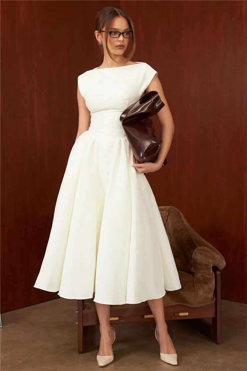Boat Neck Cap Sleeve Pleated Waist Band Fit and Flare Midi Dress