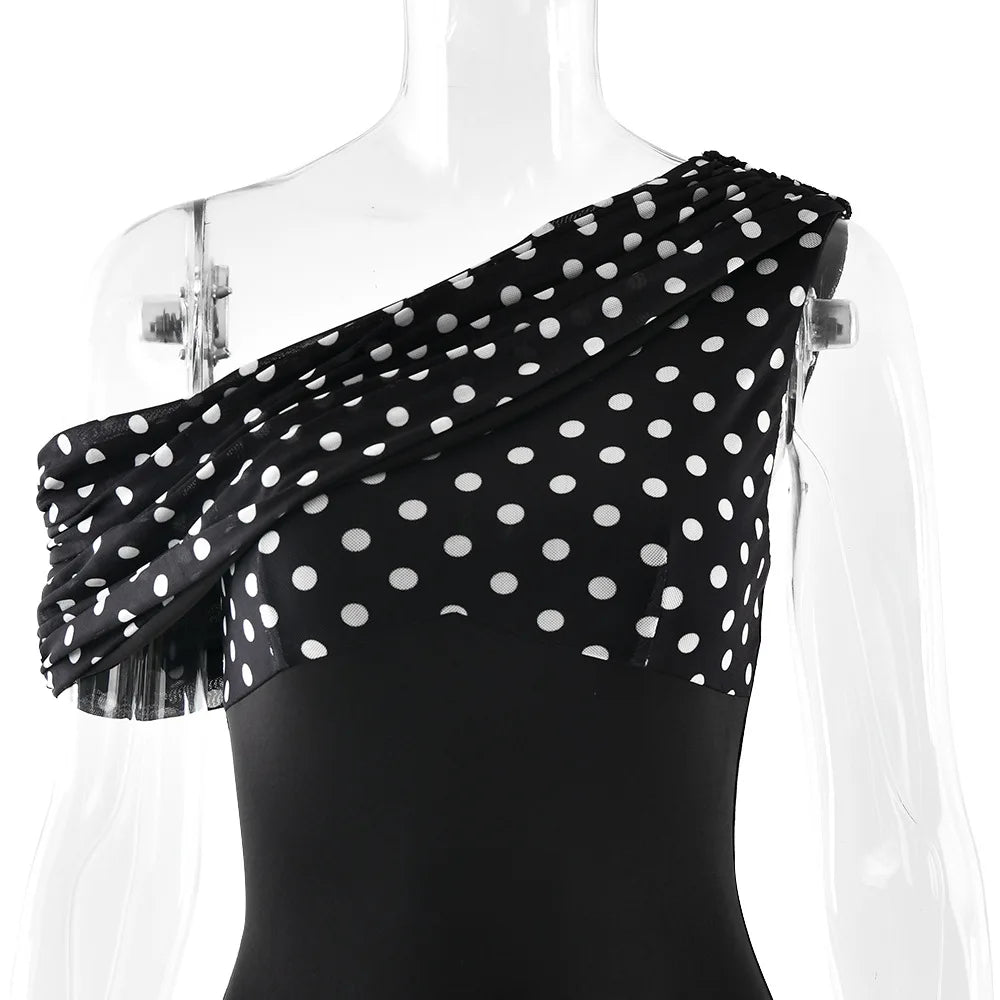 Personalized Design Diagonal Neck Off-the-shoulder Polka Dot Dress Female Sexy Slim Mesh See-through Backless Dress