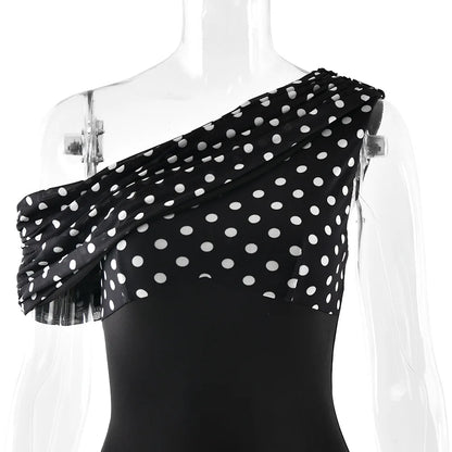 Personalized Design Diagonal Neck Off-the-shoulder Polka Dot Dress Female Sexy Slim Mesh See-through Backless Dress