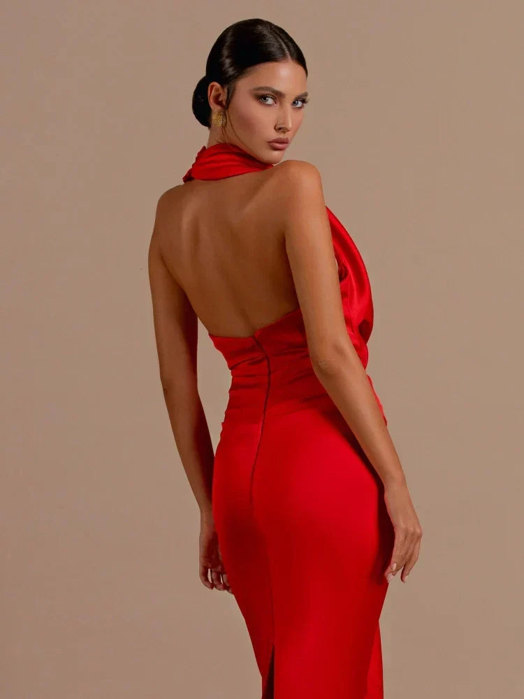 Halter Cowl Neck Waist Knot Draped Panel Maxi Gown