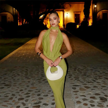 women's sexy hollow out swinging neck backless princess style slim fit bag hip slit hanging neck dress