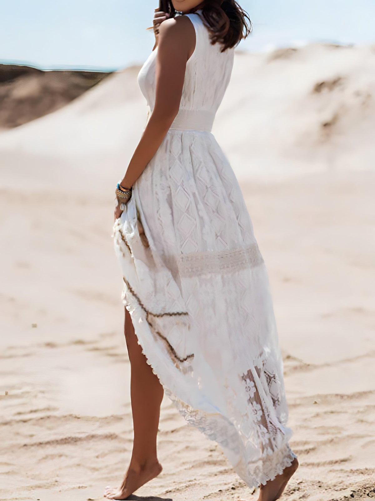Crochet Lace Tiered Scalloped Hem Side Slit Maxi Dress