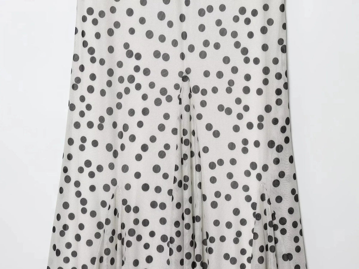Women's Vintage Polka Dot Printed Midi Dress Summer Holiday Sleeveless Hem Transparent V-Neck Backless Casual Suspender Dress