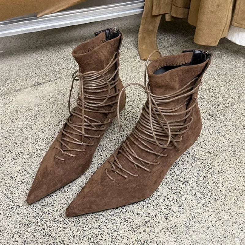 Fashion Pointed Toe Lace Up Ankle Boots Women High Quality Faux Suede Kitten Heel Designer Boot Comfort Back Zipper Modern Boots