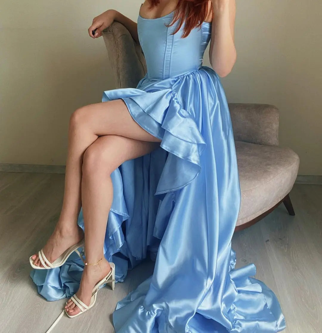 Elegant Royal Blue Ruffled Corset Evening Party Dress Sexy Off-shoulder High-low Birthday Tight Prom Gown with Leg Split