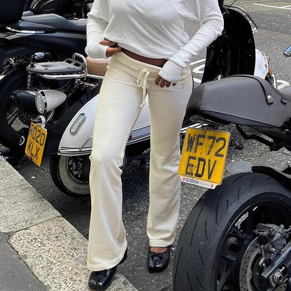 Drawstring Solid Women Slacks Turndown Waist Straight Casual Pants Concise Knitted Sweatpants All-matched Trousers Home