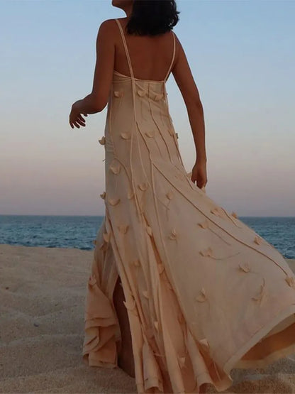 Fashion 3d Flower Women Sling Maxi Dress Elegant V-neck Backless Split A-line Dresses 2024 Summer Lady Solid Beach Party Robes