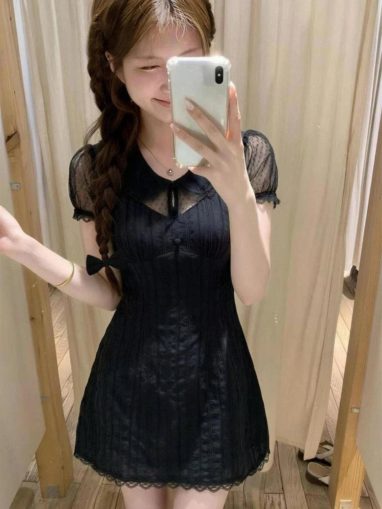 Summer French Elegant Lace Doll Collar Puff Sleeve Sheer Polka Dot Mesh Hollowout Slim Fit Two Piece Dress Women Daily Party
