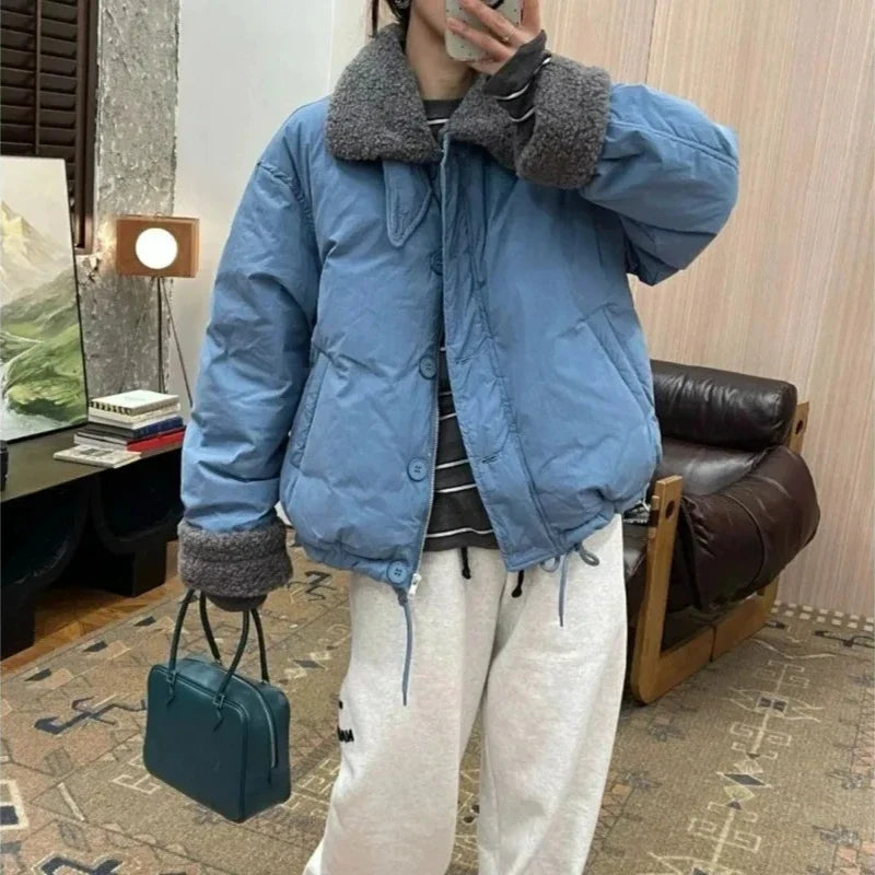 Lamb Wool Collar Spliced Cotton Jacket for Women with Fashionable Design Loose Winter Casual Cotton Jacket