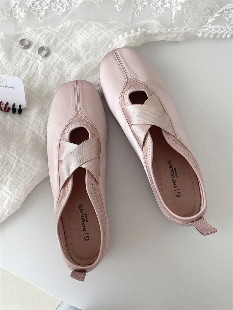 New Women's Ballet Slippers Pink Soft Sole Shallow Heel Round Head Fiberglass Fabric Retro Style Low Heel