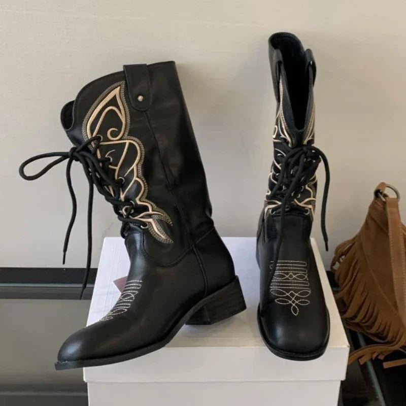 Retro Butterfly Embroidery Wedges Ankle Boots Women Fashion Rivet Sewing Lace Up Mid Calf Boots Luxury Cozy Brand Designer Boots